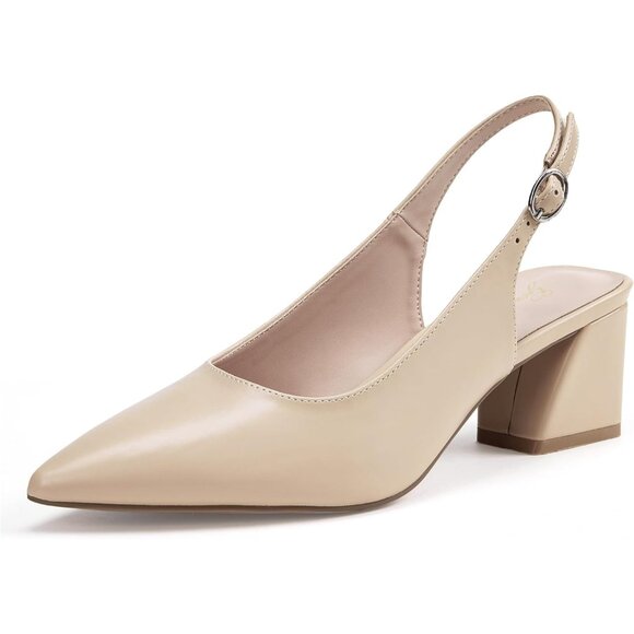Shoes - Women Slingback Nude Toe Block Heel Pump Low Heel Office Wedding Dress Shoes